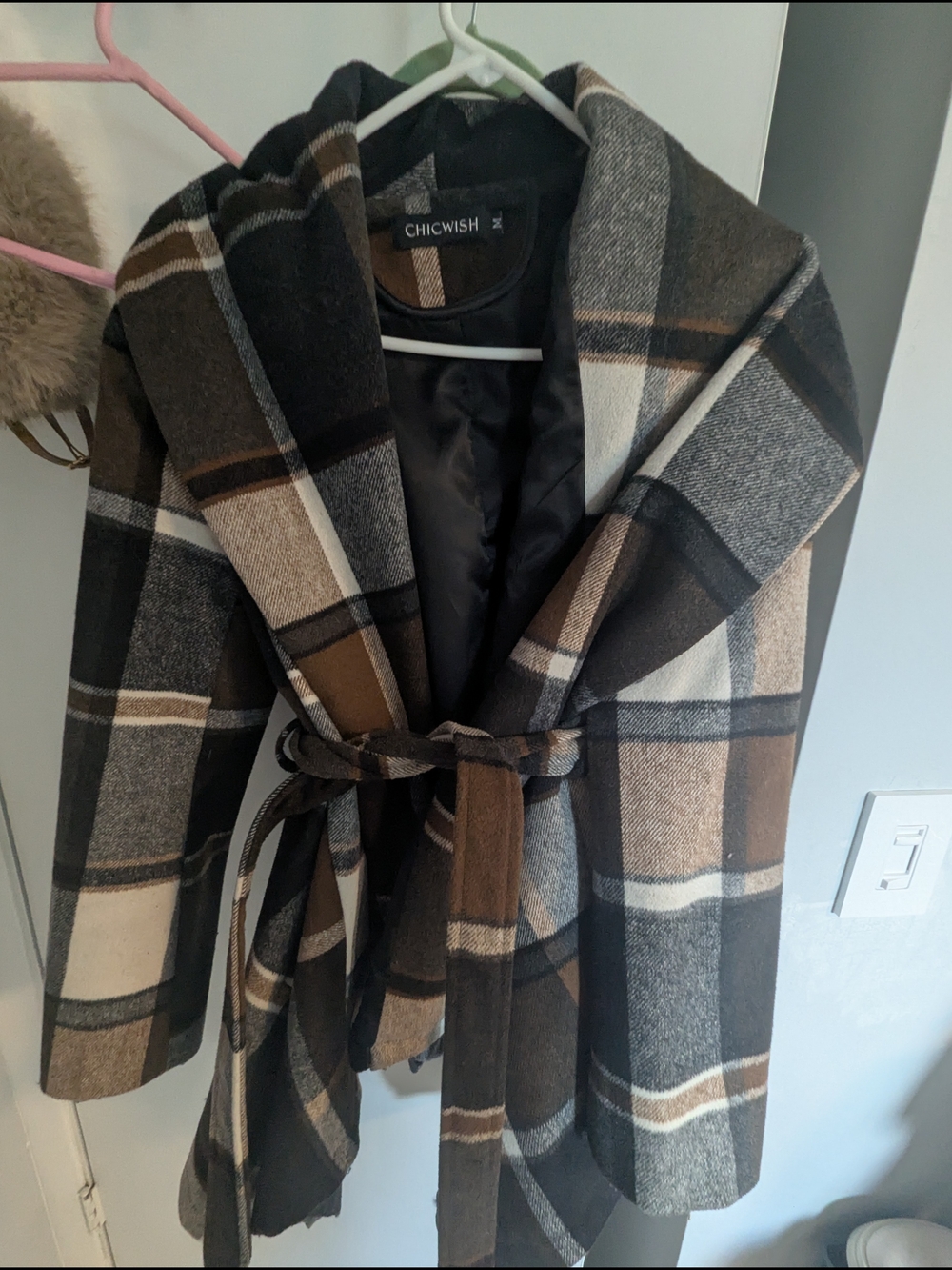 Chicwish Brown Black Cream Plaid Wrap Trench Coat